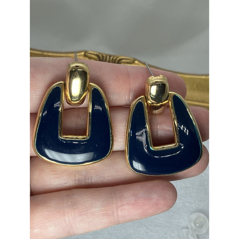 Vtg Earrings Gold Tone Blue Enamel Door Knocker Old Money Statement Estate 80's